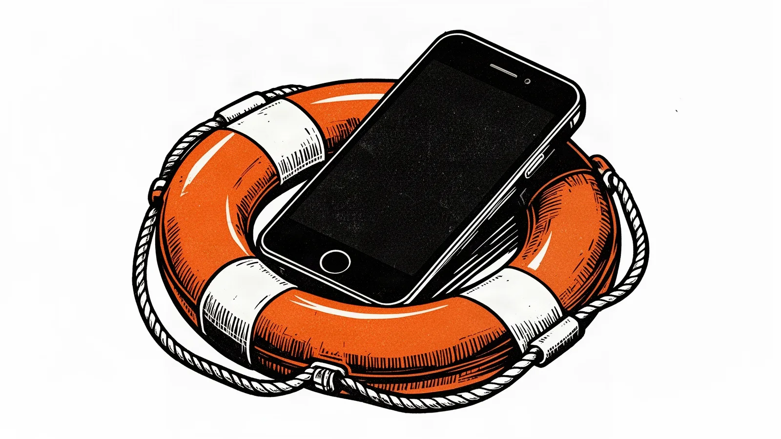 Linoryt przedstawiający smartfon leżący w pomarańczowym kole ratunkowym