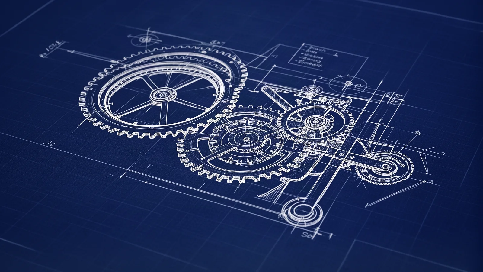 Rysunek techniczny w stylu blueprint przedstawiający zazębione koła zębate mechanizmu zegarowego