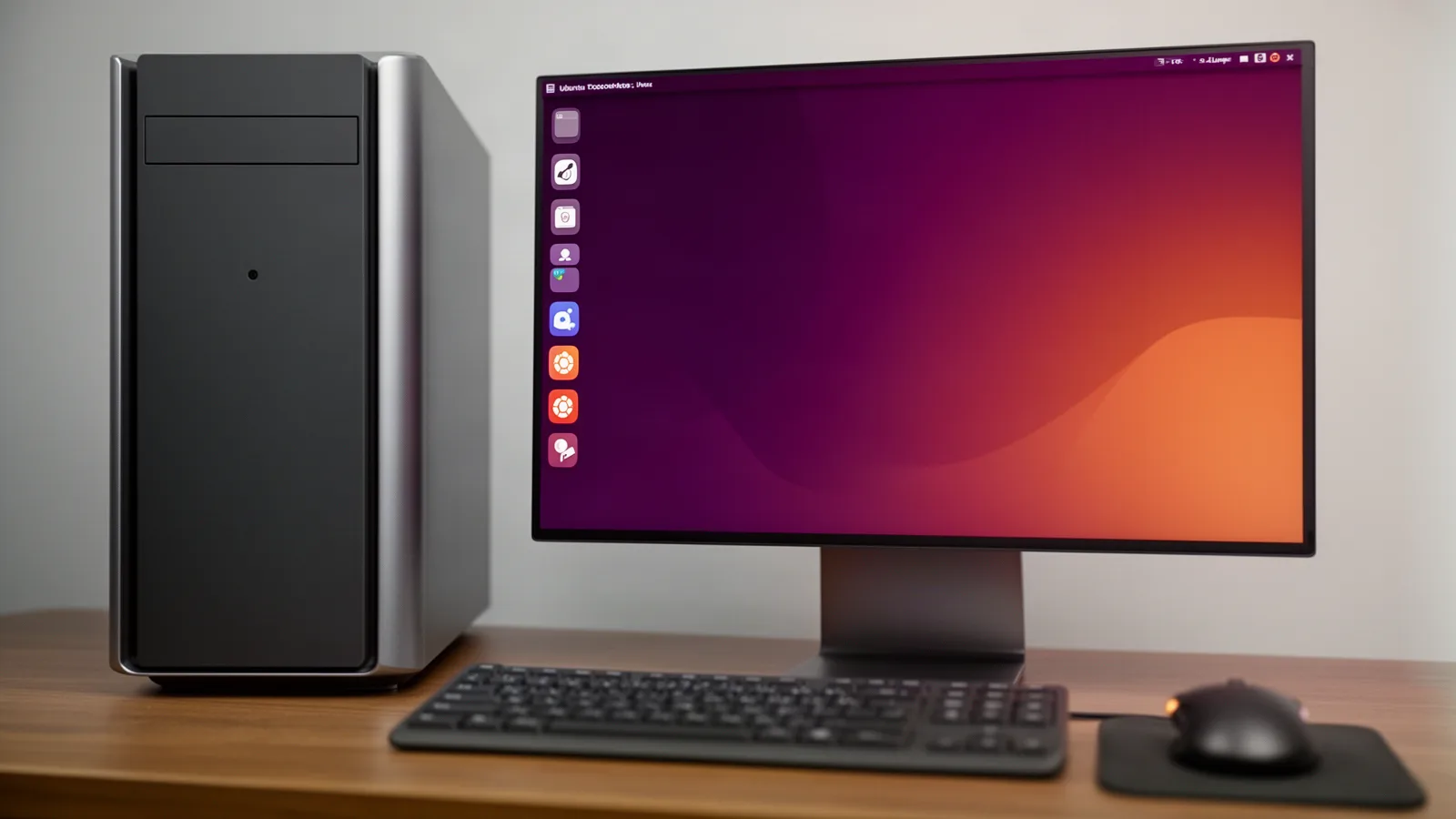 Komputer stacjonarny z monitorem na drewnianym biurku, na ekranie pulpit w stylu Ubuntu z tapetą przechodzącą z fioletu w pomarańcz i dokiem po lewej