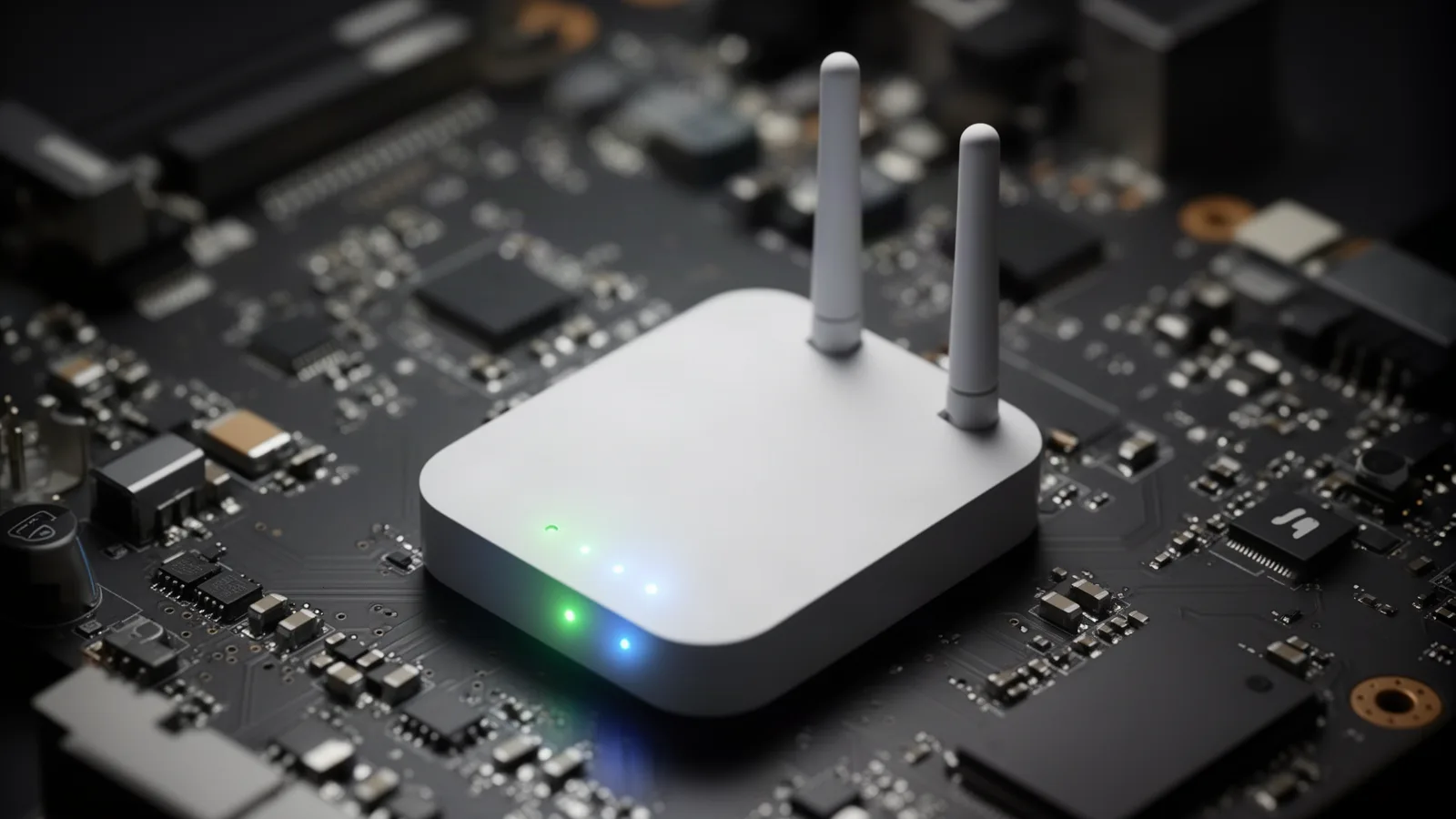 Biały router z dwiema antenami i świecącymi diodami stojący na płytce drukowanej, zdjęcie makro