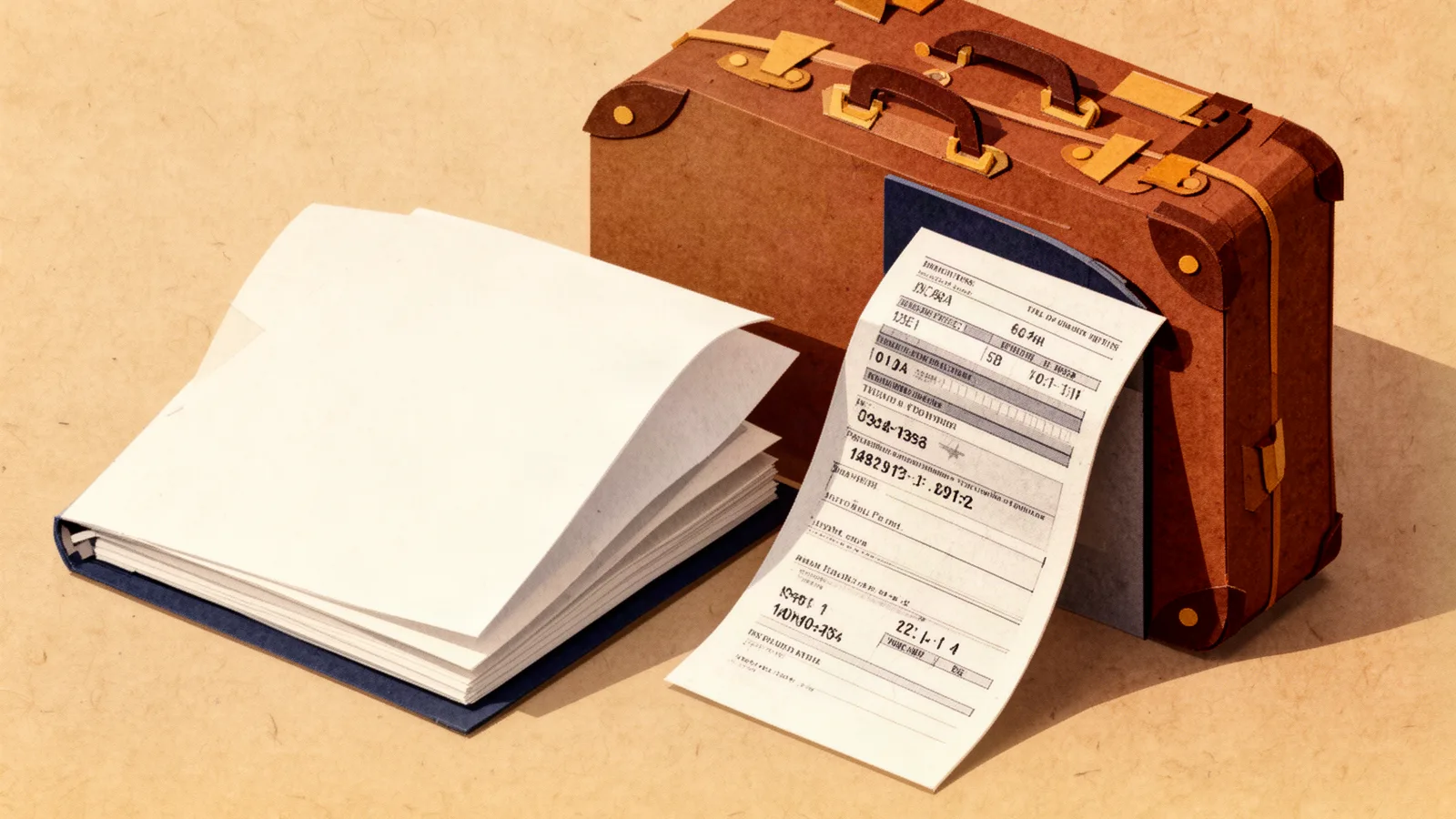 Papierowy kolaż w perspektywie izometrycznej: brązowa walizka, gruby notes w granatowej okładce i wysuwająca się kartka z rzędami cyfr